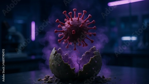 Deadly Virus Emerging from a Cracked Bacterial Shell in a Dark Lab with Purple Smoke and Neon Medical Lighting
