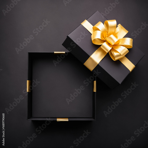 a simple and empty square black gift box with its lid and a large golden bow placed next to it on a clean black surface, viewed from a flat lay perspective.