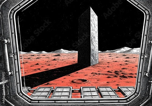 Monolith on a red planet seen through a spaceship window in black and white