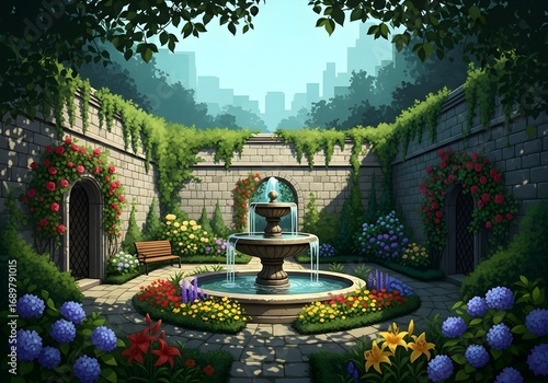 Beautiful secret garden with fountain and flowers in the middle of the city