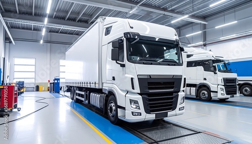 White truck in a large, modern repair garage