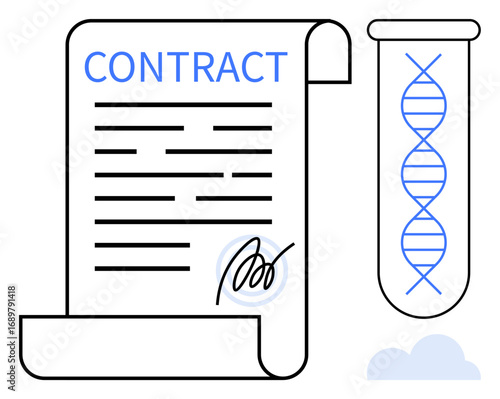Contract with text and signature alongside test tube containing DNA strand. Ideal for biotechnology, legal agreements, ethics, healthcare, research, innovation, science communication, simple flat