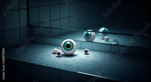 Chilling Vigilance Surreal Eyeballs on a Cold Mirrored Ledge in a Tiled Room.