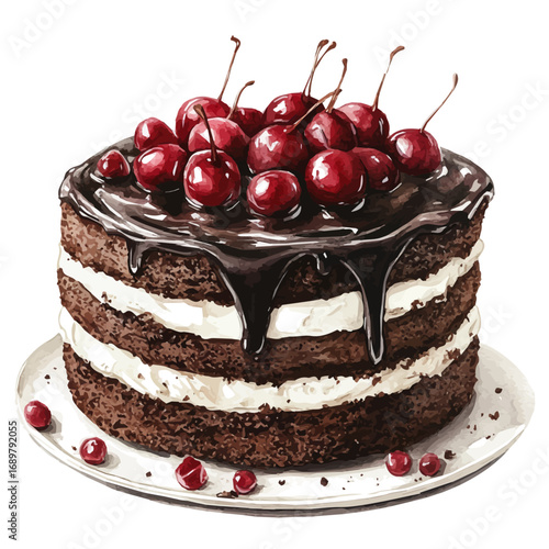 Black Forest Cake, watercolor drawing vector, isolated on a white background.
