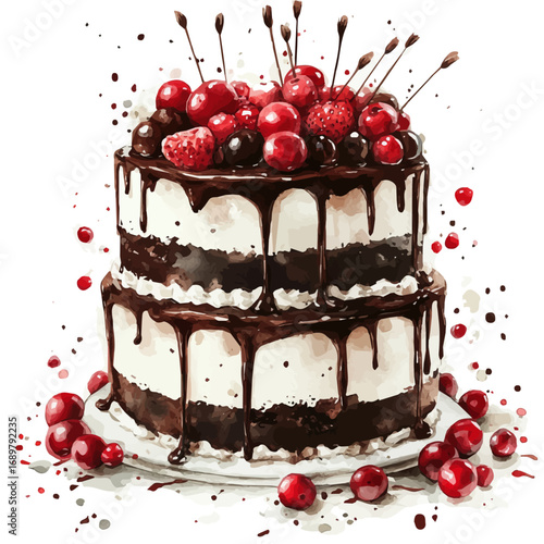 Black Forest Cake, watercolor illustration vector, isolated on a white background.