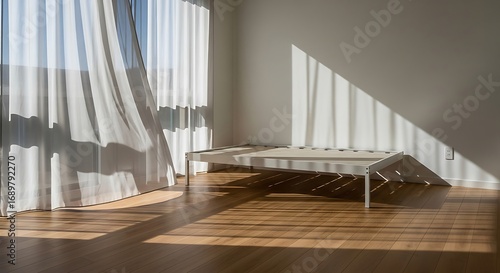 Serene luminosity permeates minimalist interior space with gentle light and floating curtain casting shadow patterns