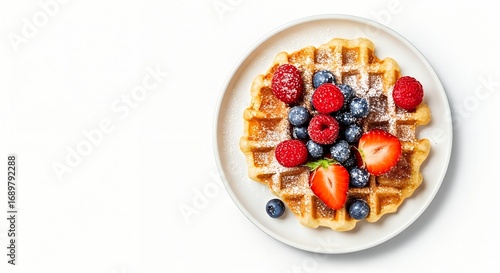 Crisp Golden Waffle with a Vibrant Berry Medley Dusted with Sugar Isolated on White.