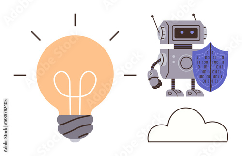 Robot with protective shield next to glowing light bulb and cloud graphic symbolizing technology, security, creativity, cloud computing, artificial intelligence, innovation, and cyber protection