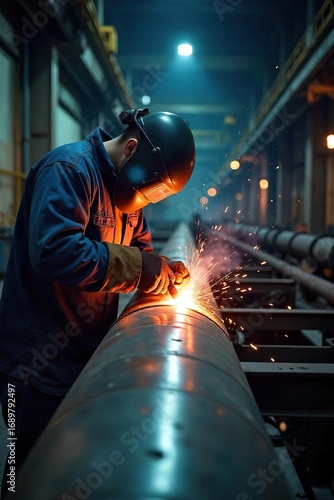 A welder meticulously welds a pipe section within a massive power plant, sparks flying The scene highlights the precision and scale of industrial welding projects , technology, wind