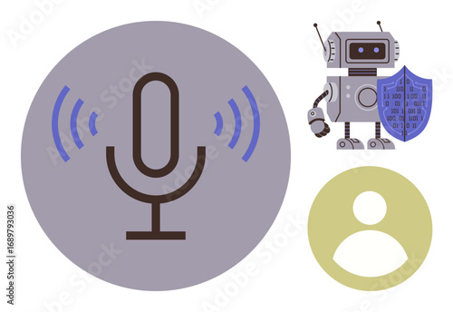 Microphone with sound waves, robot holding shield, and user icon suggest AI, voice assistance, tech security, user identity, automation, and innovation. Ideal for smart tech AI cybersecurity