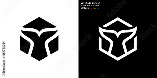Cube whale logo. Tail, fish, hexagon, minimalist. Vector icon symbol template EPS 10.