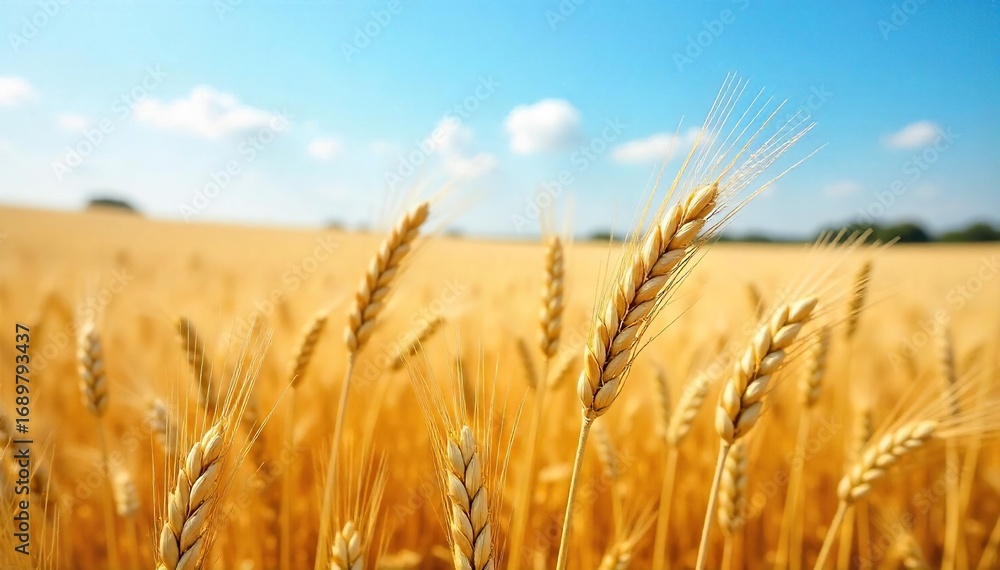 Fototapeta premium Golden wheat swaying gently in the summer breeze, a picturesque scene of a vast, ripe wheatfield under a clear blue sky Perfect for agricultural, harvest, and nature themes , nature, environment