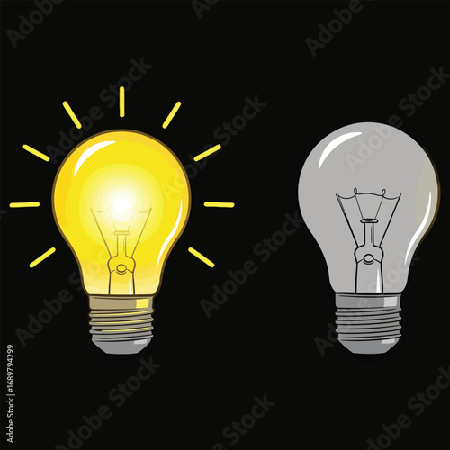 Glowing Light Bulb Next to an Unlit Bulb Keywords: light bulb, idea, concept, innovation.