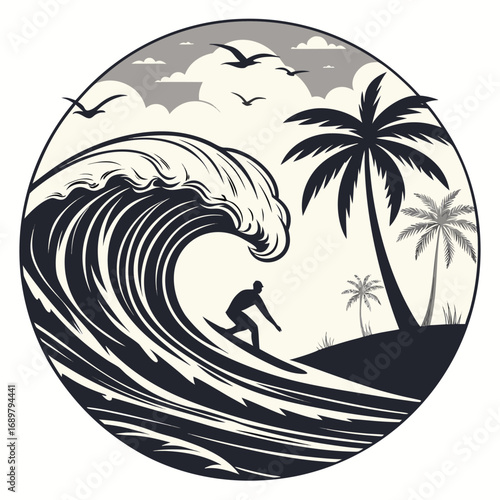 Surfer riding a large ocean wave with palm trees on a tropical island