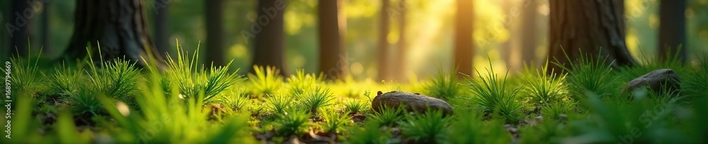 Obraz premium Sun-Dappled Pine Forest Tranquil Summer Scene of Golden Light Filtering Through Lush Green Needles