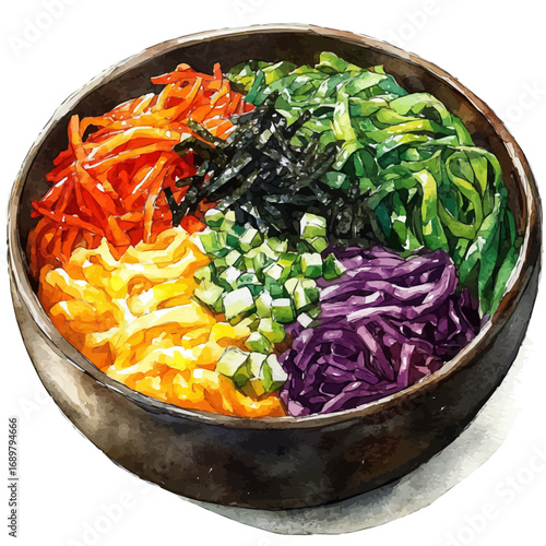 Bibimbap, watercolor illustration vector, isolated on a white background.