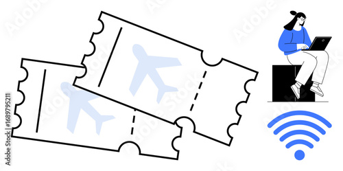 Two airline tickets with airplane icons, a person working on a laptop, and a wireless signal. Ideal for travel planning, online booking, remote work, digital technology, connectivity, modern