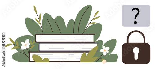Three books surrounded by leaves, flowers, and lock with a question mark. Ideal for education, knowledge, security, privacy, learning study intellectual growth. A simple flat metaphor