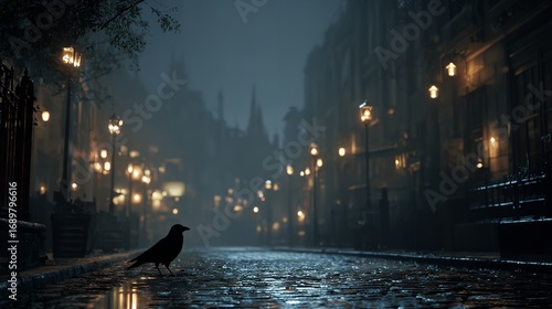 Solitary Crow Amidst the Wet Gloom of a Victorian City Street Lit by Lamps