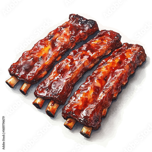 BBQ Ribs, watercolor drawing vector, isolated on a white background.