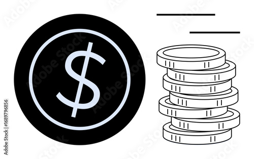 Black dollar sign coin and white coin stack represent wealth, banking, savings, investment, income, economic growth. Ideal for business, accounting, budgeting profit simple flat metaphor