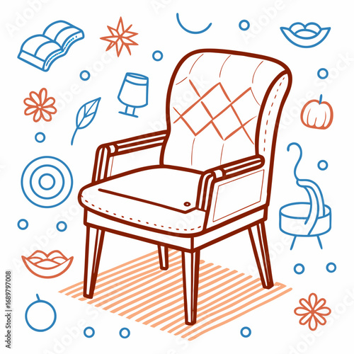 Cozy armchair surrounded by whimsical doodles, perfect for home decor, adding a touch of comfort and style, ideal for creative projects and design inspiration