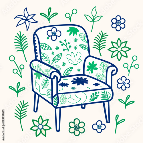 Charming armchair with floral patterns and botanical elements, perfect for interior design projects, creating a relaxing and stylish atmosphere
