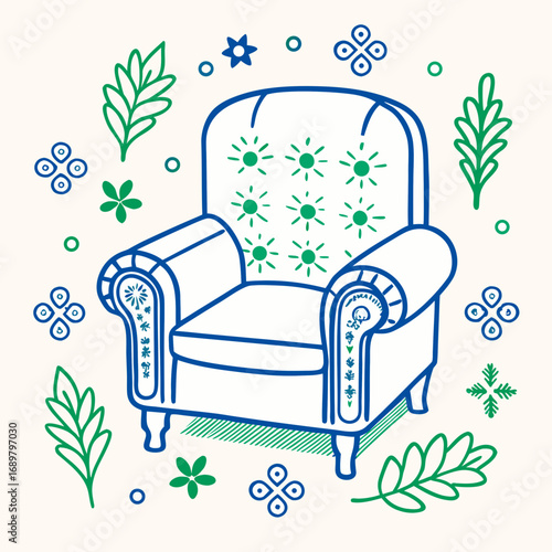 Cozy armchair with vibrant floral details and decorative elements, perfect for interior design, adding a touch of elegance to living spaces, creating inviting home decor