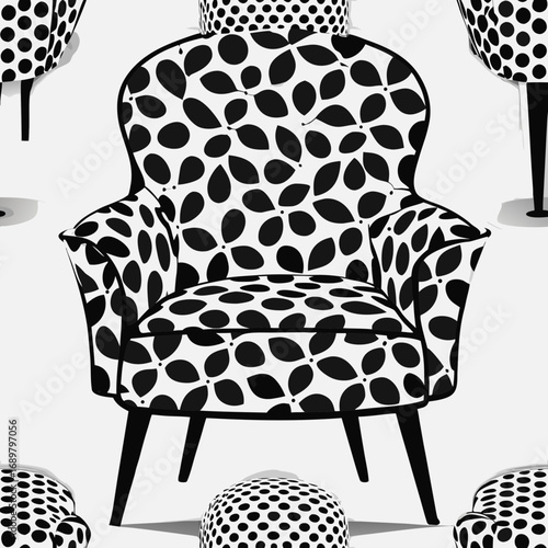 Stylish modern armchair with unique black and white patterned upholstery, perfect for interior design projects and home decor