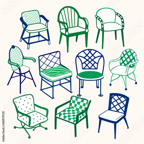 Collection of stylish outdoor chairs in various designs and colors perfect for patio, garden, or interior design projects, ready for summer