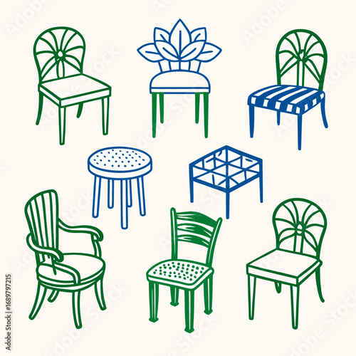 Elegant hand-drawn chair collection perfect for interior design, home decor, and furniture catalogs, adding a stylish touch to any project