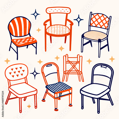 Collection of stylish chairs with vibrant designs, perfect for modern home decor and interior design projects, adding a touch of elegance and flair to any space