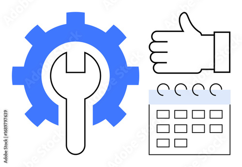 Gear with center wrench, thumbs-up icon, and calendar for planning processes, service organization, and task approval. Ideal for productivity, teamwork, maintenance, scheduling service