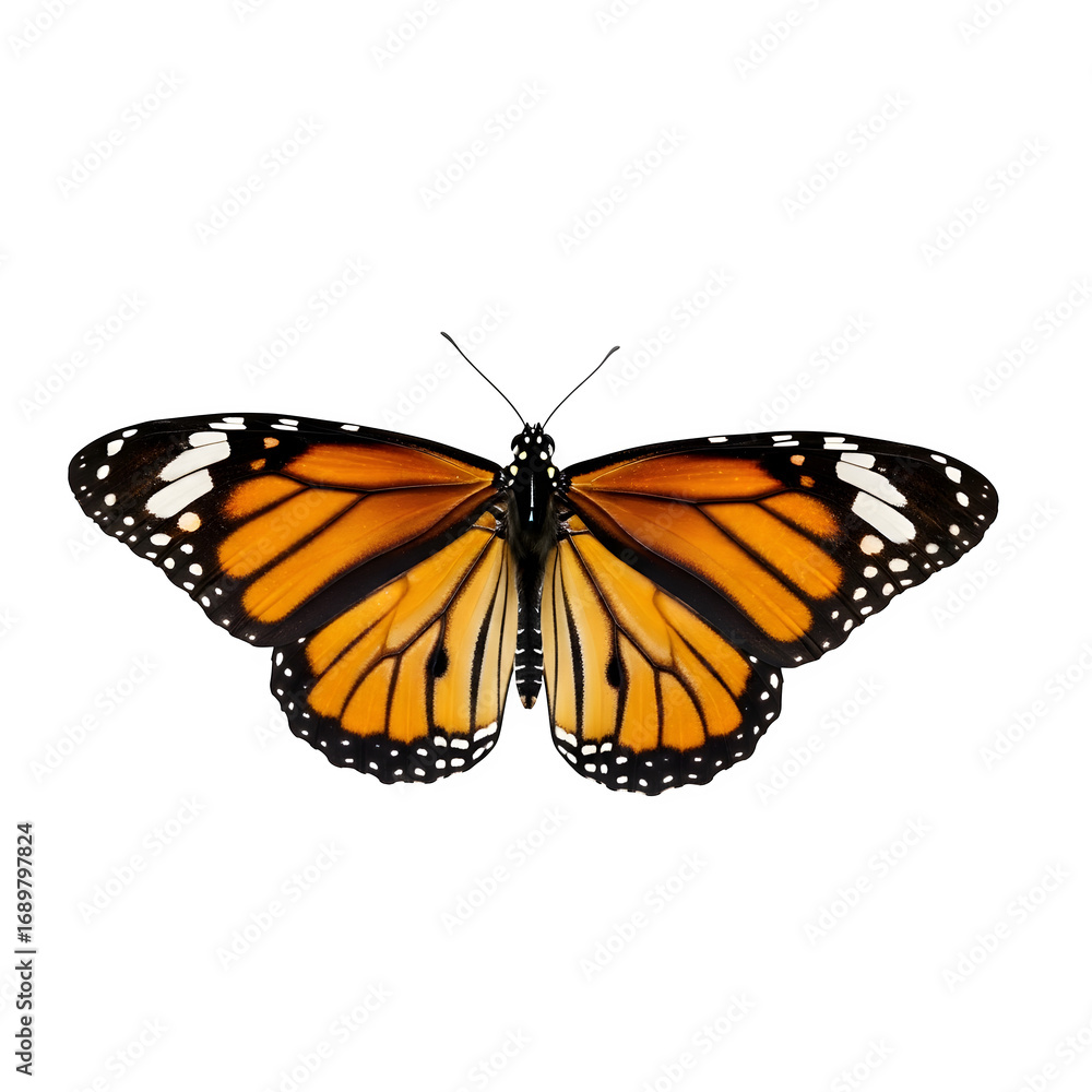 Fototapeta premium Monarch butterfly with open wings isolated on transparent background, top view