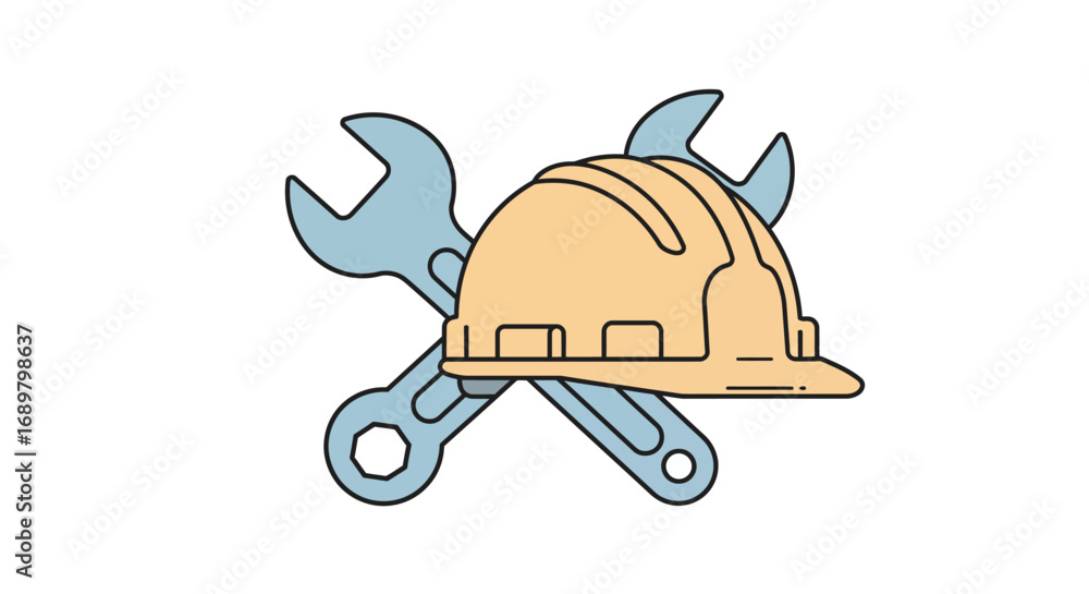 Obraz premium Illustration of a hard hat and crossed wrenches.