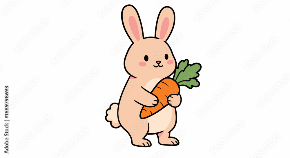 Fototapeta premium Cartoon illustration of a cute bunny holding a carrot with both paws, standing upright on a white background.