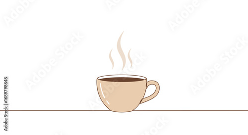 A steaming cup of coffee on a white surface.