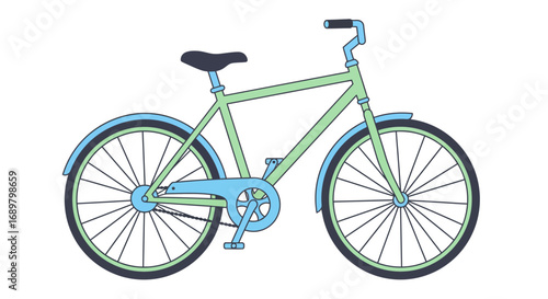 Illustration of a light green bicycle with blue fenders and black tires on a white background.