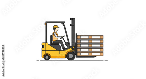 Illustration of a forklift operator carrying pallets in a warehouse.