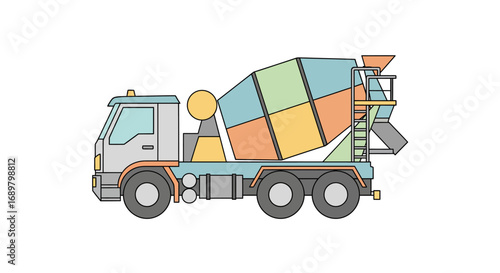 Illustration of a colorful cement truck on a white background.