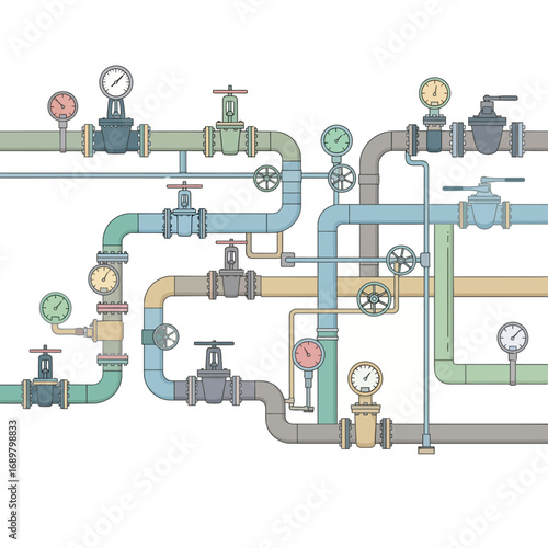 Illustration of a complex network of pipes with valves and gauges.
