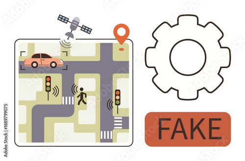 Car navigating city roads using GPS, satellite, sensors, pedestrian crossing, traffic lights, and fake data alert. Ideal for smart city, navigation, AI ethics tech fraud urban planning security