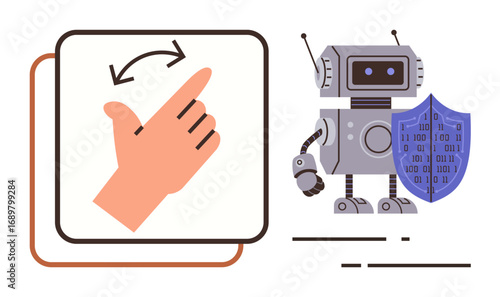 Hand gesture with rotation arrows next to a robot holding a shield with binary code, symbolizing interaction, AI, automation, security, technology, innovation, and digital protection. Ideal