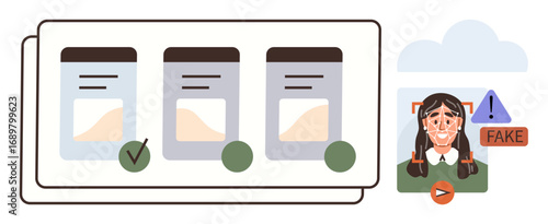 Rows of verified documents highlighted, AI detecting fake content in multimedia. Ideal for cybersecurity, truth validation, AI tools, media integrity, fake detection, authentication, simple flat