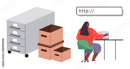 Woman using laptop at desk, filing cabinet and storage boxes nearby, digital file management. Ideal for office work, organization, productivity, digital tools, record-keeping, workflow simple flat