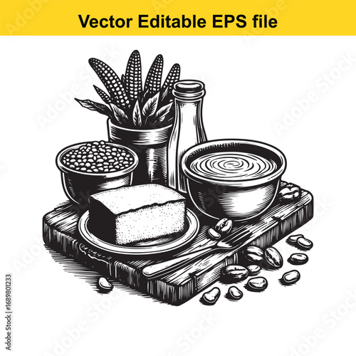 Handdrawn illustration of food ingredients including corn, beans, and butter