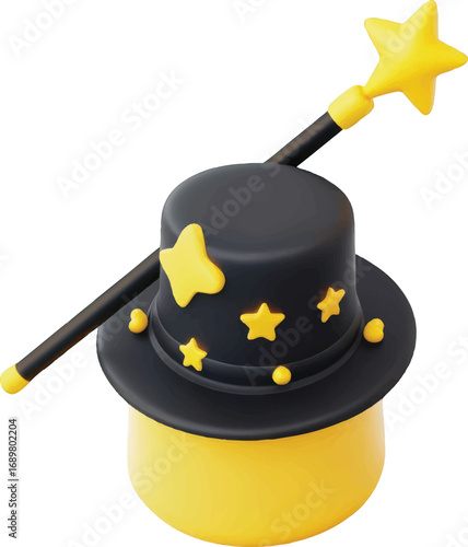 Black Wizard Hat with Yellow Stars and Magic Wand magician