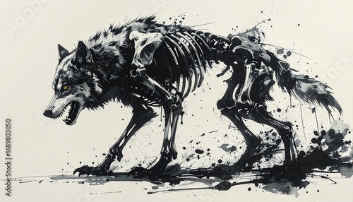 Wallpaper Mural Monochrome Wolf Skeleton Ink Illustration with Dynamic Expression Torontodigital.ca