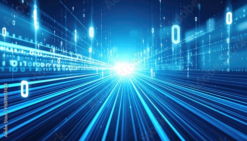 Abstract Blue Data Stream with Glowing Lines and Binary Code