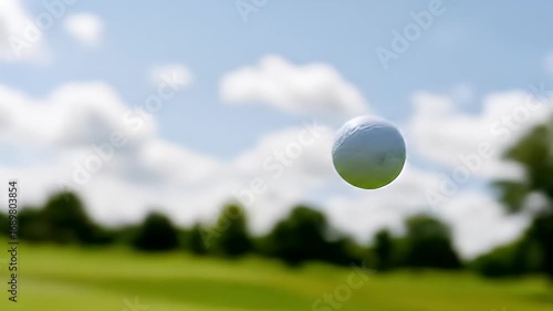 White Golf Ball Floating in the Air Against a Sunny Blue Sky with Puffy White Clouds and Green Trees in the Distance on a Bright Day